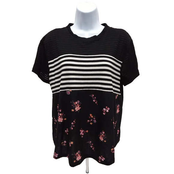 NWT NO BOUNDARIES JUNIOR'S STRIPED FLORAL SHORT SLEEVE TOP LARGE (11-13) - Picture 1 of 7